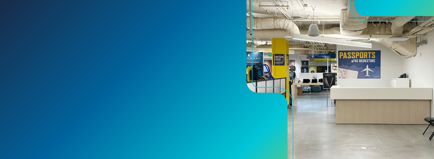 Interior of Passports @ The Bookstore at UC San Diego, featuring the passport service counter.